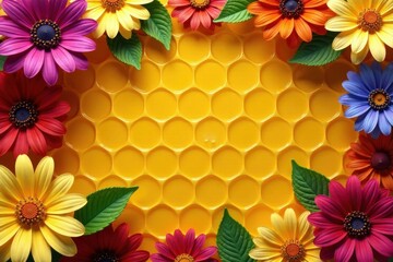 Golden honeycomb surrounded by colorful flowers, yellow, green