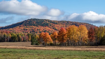 Fototapeta premium Scenic Autumn Landscape with Vibrant Foliage and Rolling Hills Under Cloudy Blue Sky : Generative AI