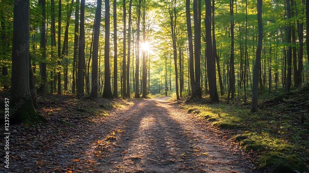 Poster scenic sunrise pathway in the vibrant green forest with sunlight streaming through trees : generativ