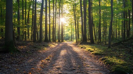 Obraz premium Scenic Sunrise Pathway in the Vibrant Green Forest with Sunlight Streaming Through Trees : Generative AI