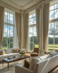 Fototapeta premium A bright, elegant living room featuring large windows, stylish furniture, and tasteful decor, creating a warm and inviting atmosphere.