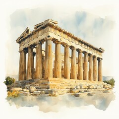 Obraz premium Ancient Greek Temple with Iconic Columns Rendered in Watercolor Style, Showcasing the Architectural Beauty and Cultural Heritage of Classical Antiquity
