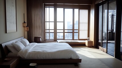 Luxurious Bedroom with Modern Design and Floor to Ceiling Windows : Generative AI