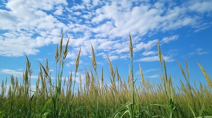 Obraz premium Vibrant Wheat Field Under Blue Sky with Fluffy Clouds Perfect Nature Background : Generative AI