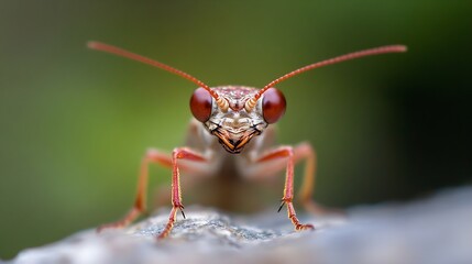 Close Up of Predatory Insect Displaying Unique Facial Features with Vibrant Red Eyes in Natural Habitat : Generative AI