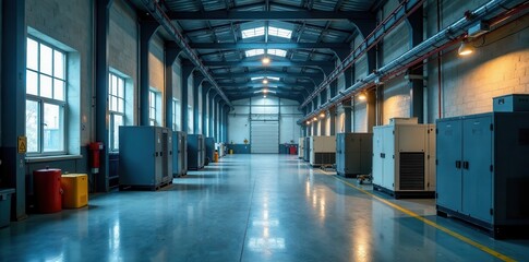 Fototapeta premium Industrial building with commercial air conditioning system, aircon systems on roof, industrial rooftops