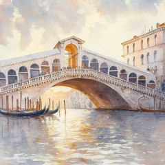 Serene Sunset over the Grand Canal in Venice Featuring the Majestic Rialto Bridge and Traditional Gondolas Amidst a Dreamy Sky