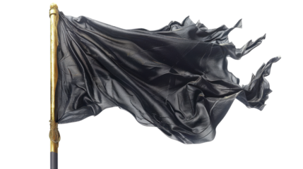 Black flag waving on golden pole with transparent background