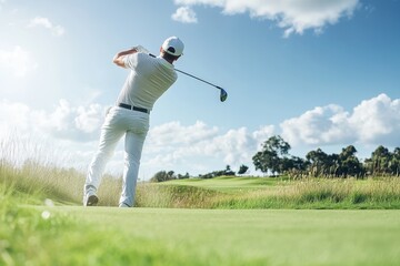 Obraz premium Man playing golf on a pro course hitting with a club