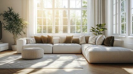 A bright, cozy living room with a large sectional sofa, adorned with pillows, a round pouf, and natural light streaming through large windows.