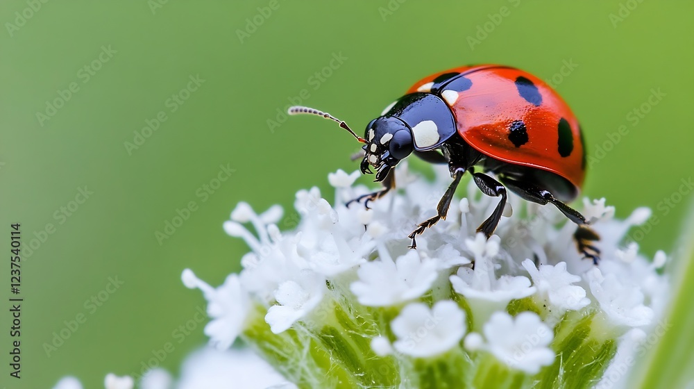 Poster vibrant ladybug on white flower petals in springtime close up macro photography : generative ai