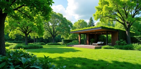 Lush greenery envelops a modern pavilion in a serene park setting, nature, garden