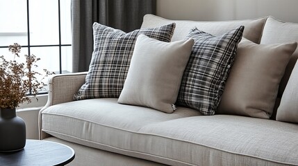 Cozy Living Room With A Beige Sofa, Decorated With Plaid And Solid-Color Throw Pillows.  A Vase Of Dried Flowers Sits On A Side Table.