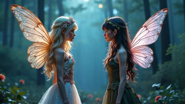 Contrasting fairies in pastel and dark outfits glow in twilight.