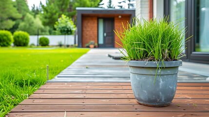 Home outdoor with wooden path and grass