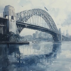 Serene Watercolor Painting of Sydney Harbour Bridge Reflecting on Calm Waters with Scenic Cityscape and Cloudy Sky