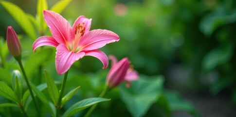 Fototapeta premium majestic pink lily blooms standing tall amidst lush green foliage , botanical, elegance