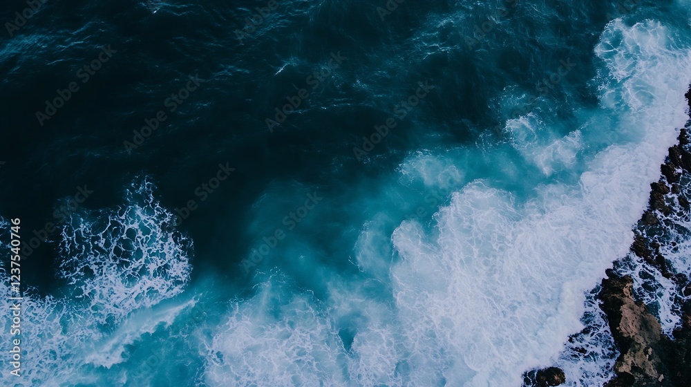 Poster aerial view of deep blue ocean waves crashing against rocky coastline : generative ai
