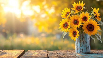 Vibrant bouquet of lush golden sunflowers set against a backdrop of a rustic wooden table and illuminated by the warm glow of late afternoon sunshine in a picturesque countryside landscape
