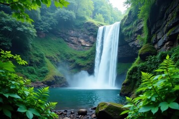 Fototapeta premium Misty waterfall surrounded by verdant forest and ferns, jungle, vines