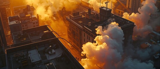 Vibrant Smoke Spirals with Radiant Spotlight Beams Against Urban Nightscape