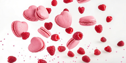 Charming Flying Heart-Shaped Pink Macarons and Raspberries Isolated for Dessert Displays