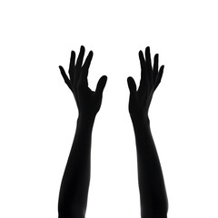 Silhouette of two hands reaching upwards against a white background.