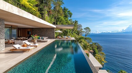 Fototapeta premium Tranquil Infinity Pool Overlooking Breathtaking Ocean Horizon Surrounded by Lush Tropical Flora Under Bright Blue Sky Creating a Relaxing and Inviting Escape in Paradise Setting