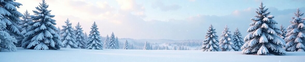 Obraz premium Heavy snowfall covering pine trees in a vast white blanket under the open sky, frozen landscape, pine trees, evergreen trees