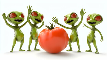 Four cheerful cartoon aliens celebrating around a large red tomato.