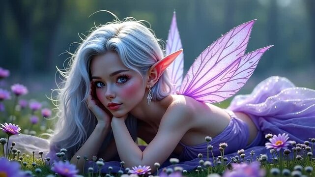 Silver-haired fairy with purple wings rests among dewy flowers.