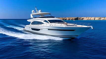 Sleek Yacht Cruising Open Seascape with Vibrant Azure Oceans and Clear Blue Skies : Generative AI