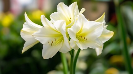 Elegant White Amaryllis Flowers Blooming in Lush Green Garden : Generative AI