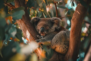 Obraz premium Sleeping Koala Bear in Eucalyptus Tree