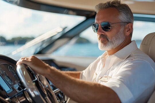 Middle aged man piloting a luxury yacht focused shot - Powered by Adobe