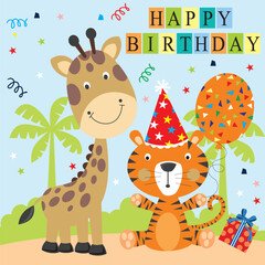 Happy birthday card with giraffe and tiger