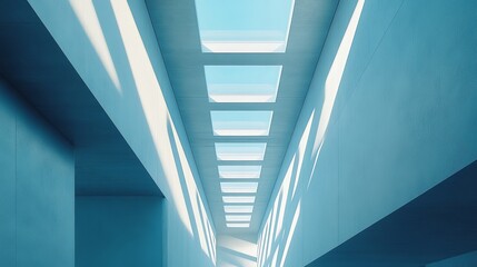 Obraz premium Expansive Hallway Bathed in Soft Natural Light with a Vibrant Sky Blue Ceiling Evoking a Sense of Tranquility and Openness Perfect for Welcoming Visitors in a Contemporary Space