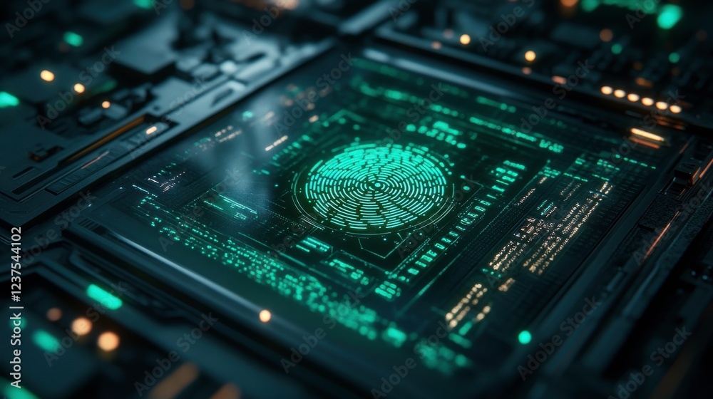 Poster a close-up view of a futuristic circuit board with a glowing fingerprint pattern, symbolizing techno