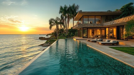 Obraz premium Luxury Oceanfront Villa at Sunset