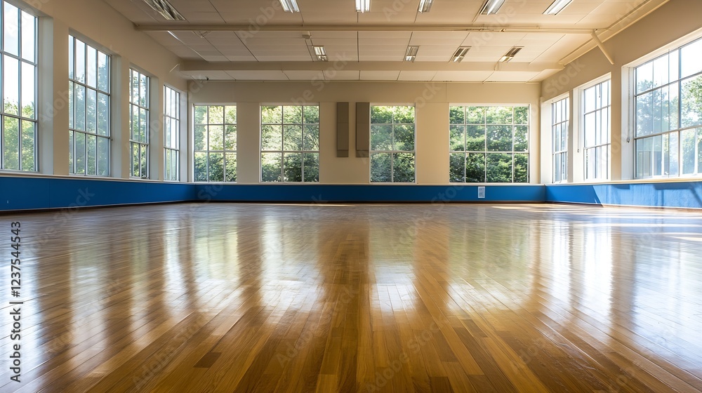Aufkleber Spacious Sunlit Empty Dance Studio with Hardwood Floors and Large Windows : Generative AI