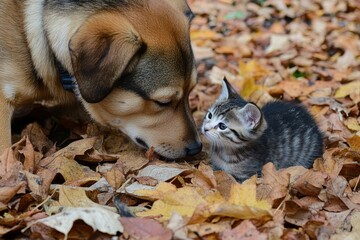 Obraz premium Mixed breed puppy nuzzles a kitten among fall foliage