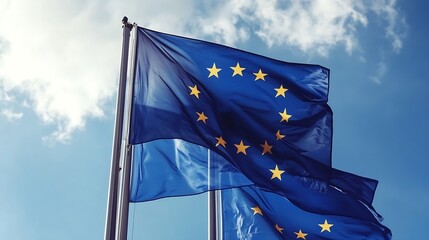 European Union Flag Fluttering Among Blue Skies and White Clouds in Solidarity : Generative AI