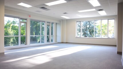 Fototapeta premium Spacious and Bright Office Space with Large Windows and Modern Design : Generative AI