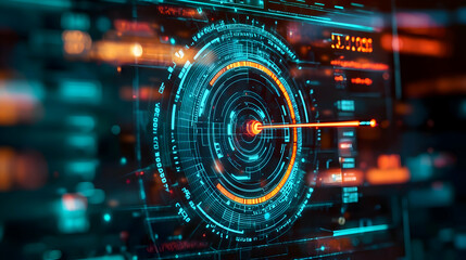 Futuristic technology interface with digital display and abstract holographic elements.