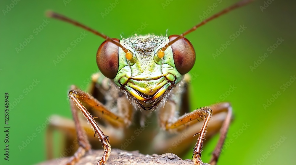 Poster CloseUp of Mantid Insect Displaying Expressive Features on Bright Green Background : Generative AI