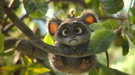 Cute Cartoon Animal Sitting on Branch with Big Eyes