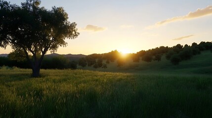 Fototapeta premium Sunset over Rolling Hills and Rich Greenery with Silhouette of Lone Tree : Generative AI