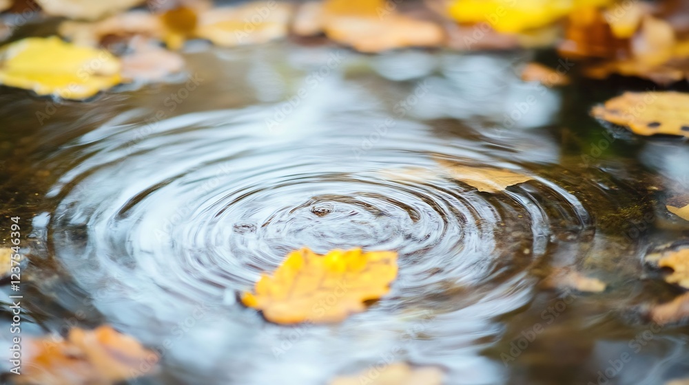Poster serene autumn leaves floating on water ripple effect : generative ai