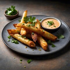 Halloumi Cheese Fries with Tangy Sauce and Parsley Garnish