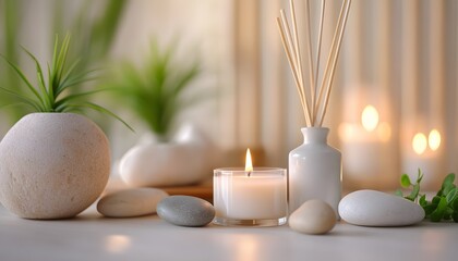 Serene Spa Setting with Candles Stones and Plants